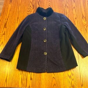 Bob Mackie Wearable Art Purple & Black Herringbone Fleece Coat w Faux Fur Collar